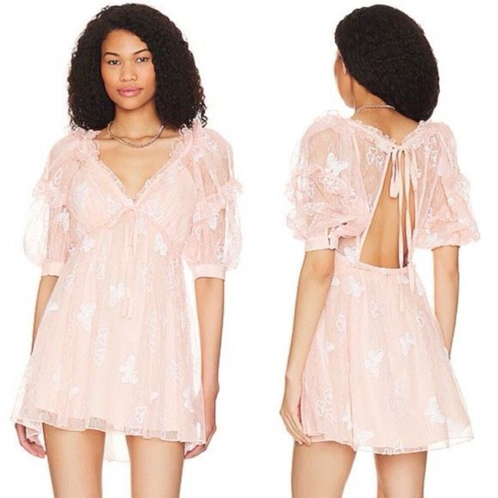 NWT For Love & Lemons Shari Butterfly Sequin Embellished Pink Mini Dress Small